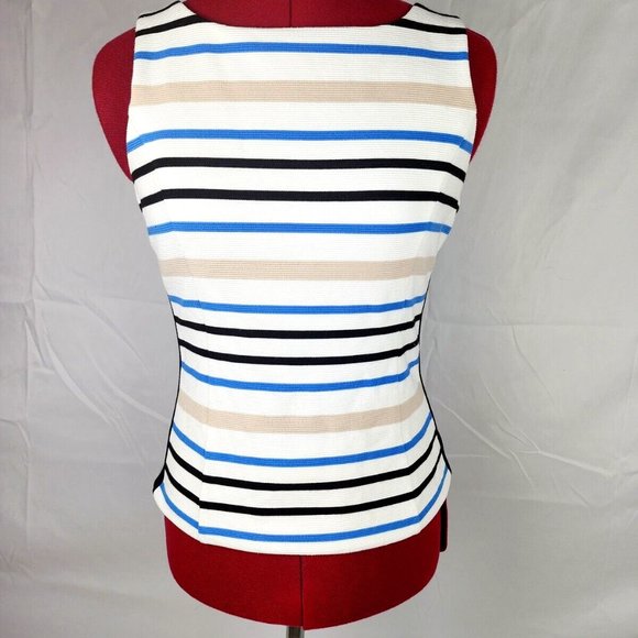 White House Black Market Tops - White House Black Market White Blue Tan Striped Sleeveless Blouse - 0